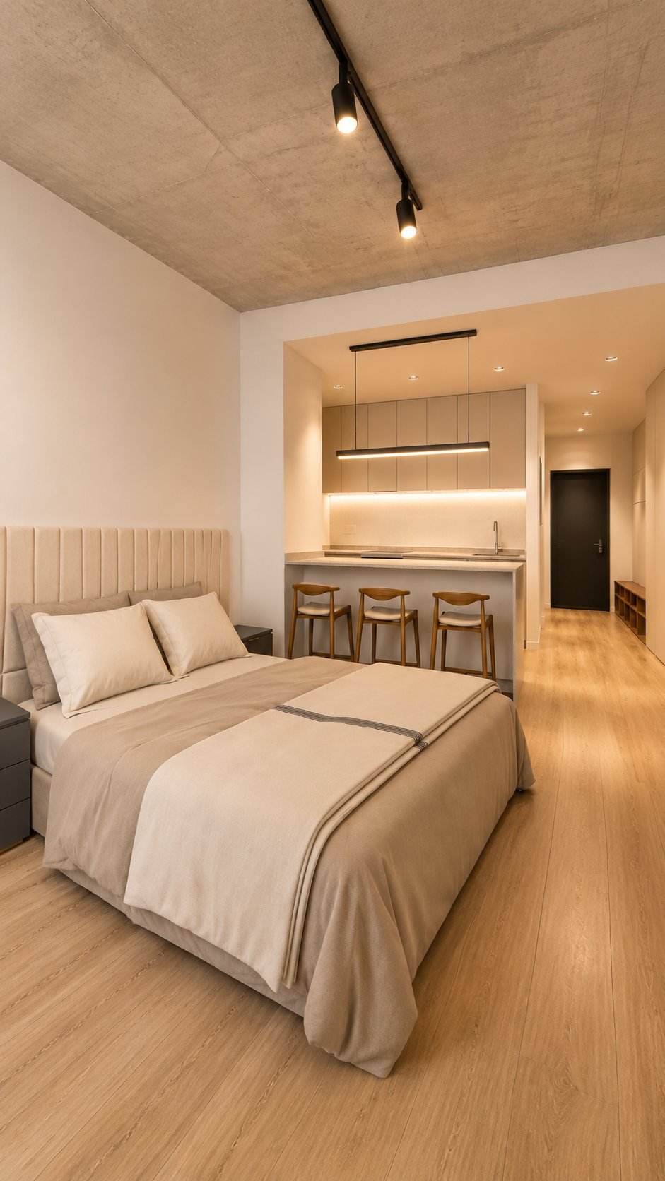 Monoambiente Èleva · dormitorio y barra de cocina